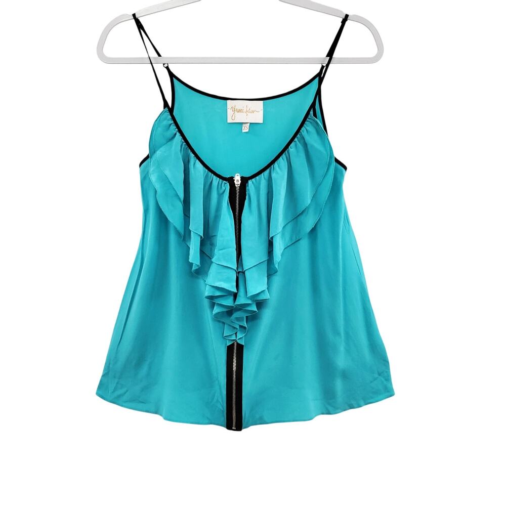 Yumi Kim 100% Silk Turquoise Blue Ruffled Camisole Black Trim Women's Size XS